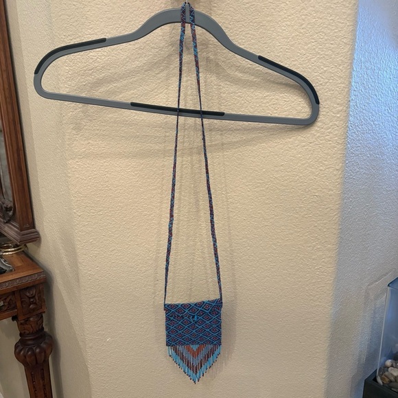 Elegant Beaded Blue and Burgundy Fringe Mini Bag Size 3 1/2”x4” - Picture 4 of 6